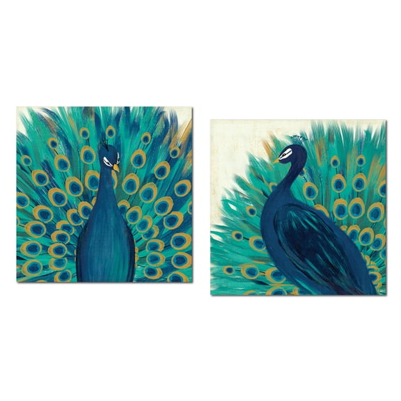 Gorgeous Turquoise and Blue Peacock Feather Set by Veronique Charron; Two 12x12in Unframed Paper Posters
