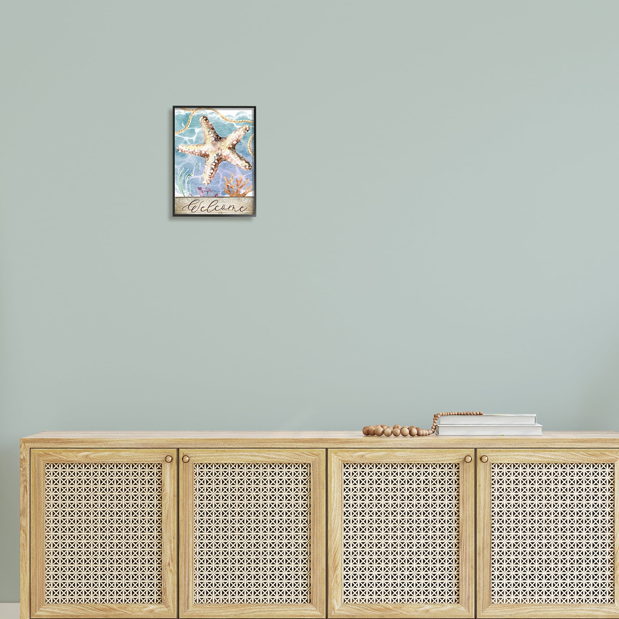 Stupell Aquatic Beach Welcome Starfish Landscape Painting Black Framed Art Print Wall Art