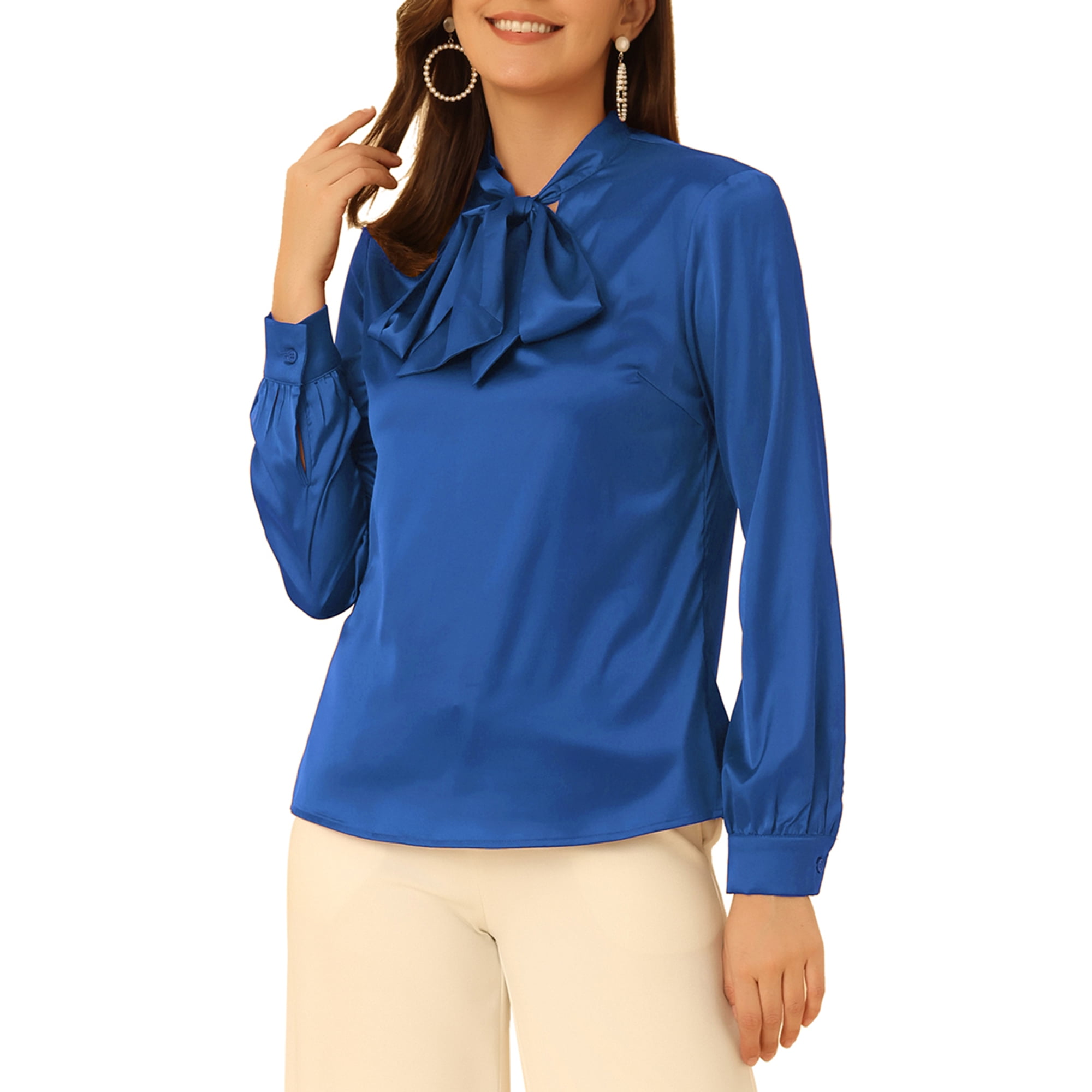 INSPIRE CHIC Women's Bow Tie Neck Solid Long Sleeve Satin Blouse