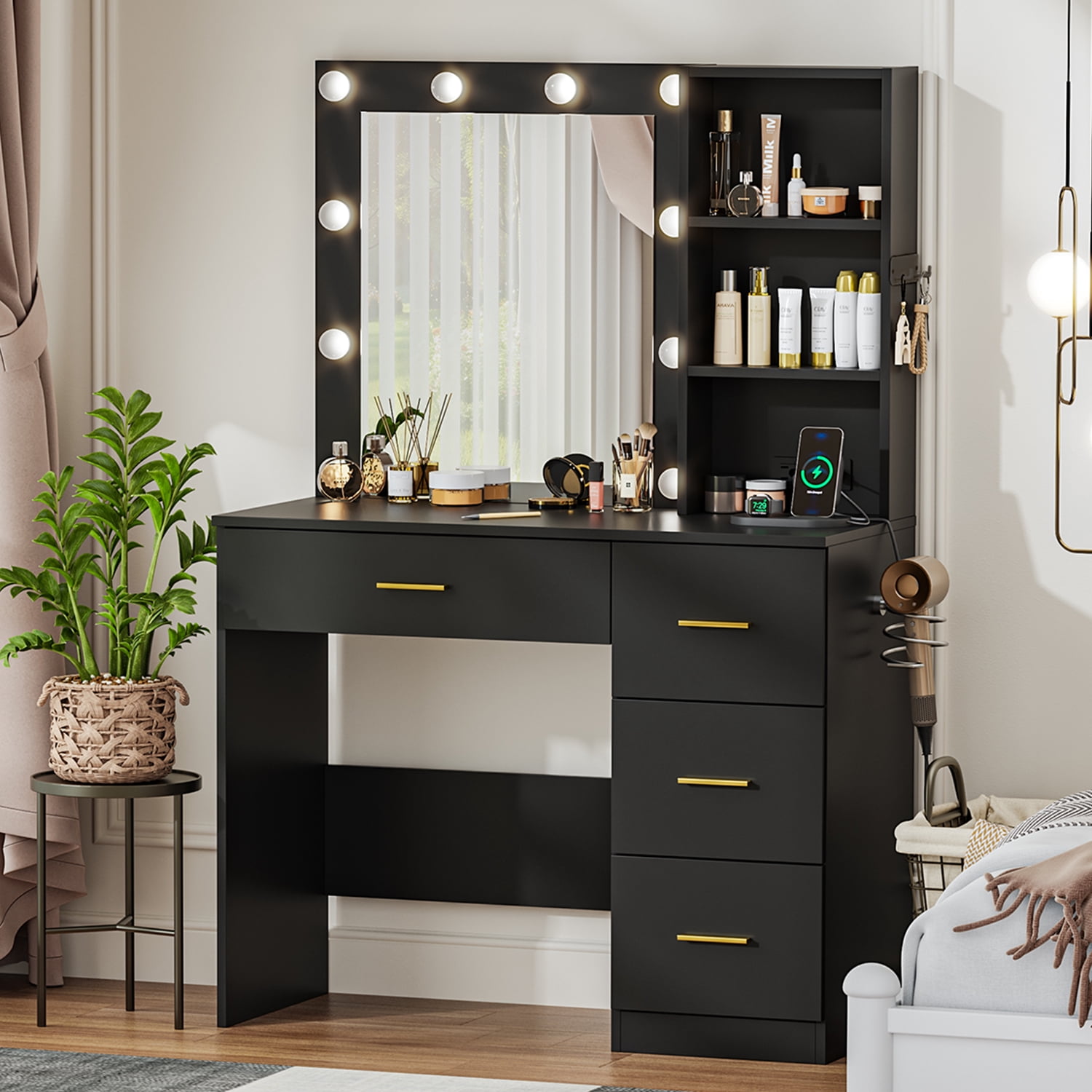 Raffle Pinker Vanity Desk Makeup Dressing Table with Mirror and Lights,4 Drawers,Storage Shelves,Power Outlet,Black