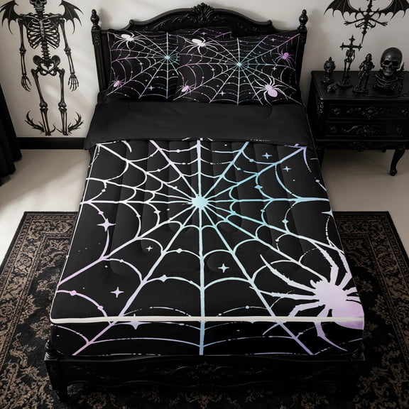 Homewish Halloween Spider Web Zipper Twin Comforter Sets with Fitted Sheet and 2 Pillowcases for Kids, Gradient Spooky Animals Zipper Bedding Set, Black Reversible, 4pcs