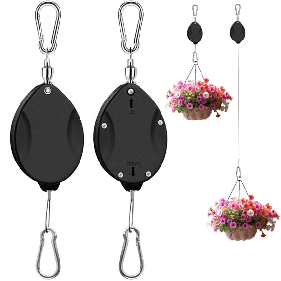 2Pcs Heavy Duty Retractable Plant Hanger, Plant Pulleys for Hanging Plants - Auto Lock, Adjustable Hook for Baskets, Pots, Bird Feeder, Wind Chime, Black