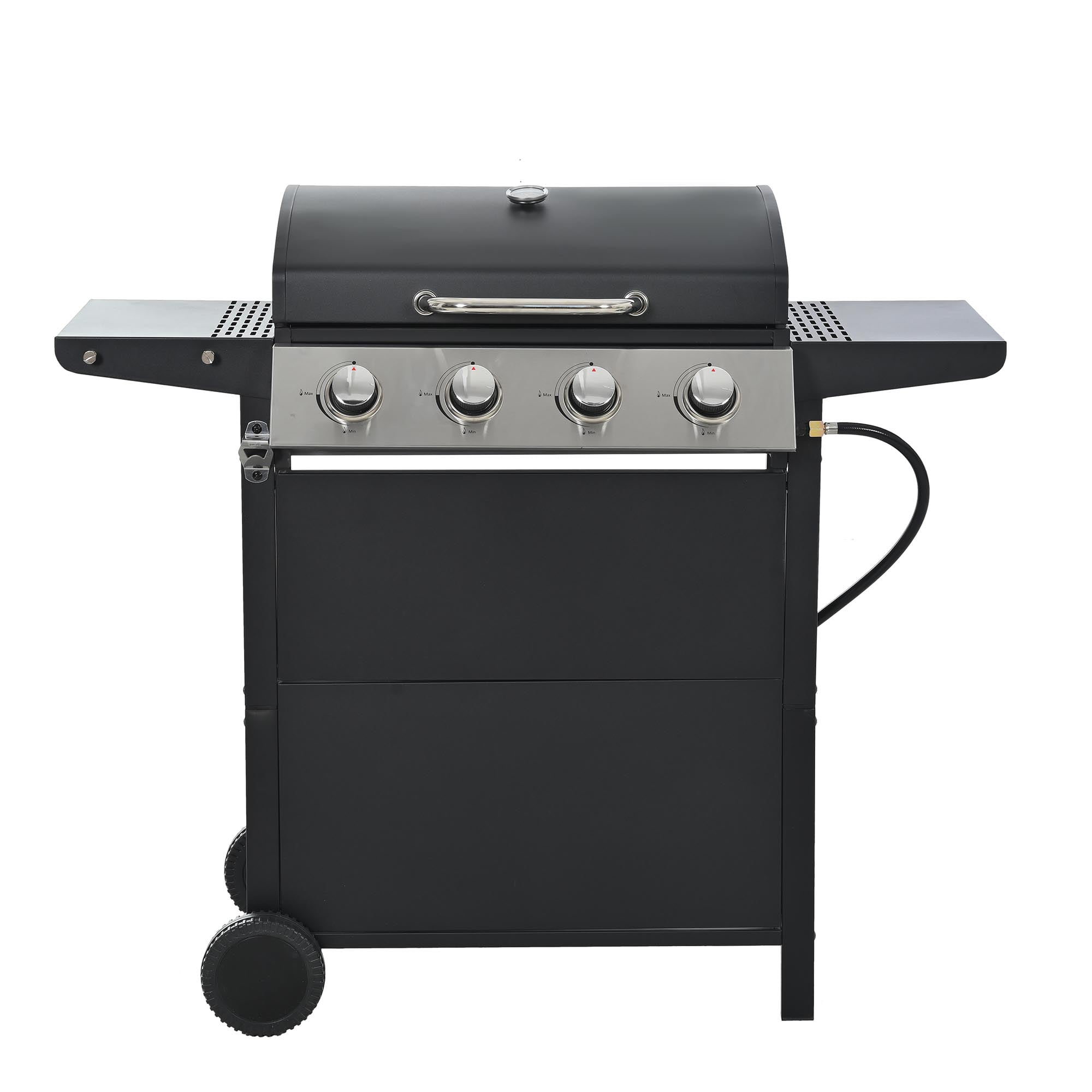 Stainless Steel BBQ Gas Grill 4-Burners Side Burner Thermometer Two Shelves Grilling Space Patio Garden Barbecue - Black