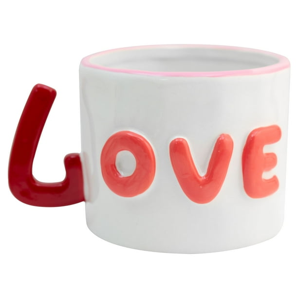 Taza de Cerámica Texturizada, Diseño Minimalista, Modelo LOVE en Relieve con Asa en Forma de L, Tarro para Bebidas Calientes, Capacidad 395 ml