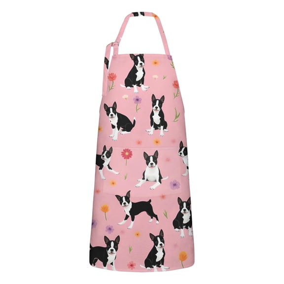 Boston Terrier Dogs and Flowers Apron-Garden Aprons for Women with Pockets-Cotton Linen Waterproof Kitchen Cooking Gardening Aprons Adjustable for Kitchen,Cooking,BBQ and Salon 33x27 Inch