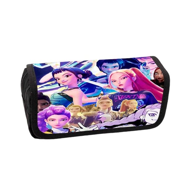 Kpo-p Demon Hun-ter Leather Flap Pencil Case,7.9" Cosmetic Bag, Zipper Organizer, Leather Flap Stationery Bag