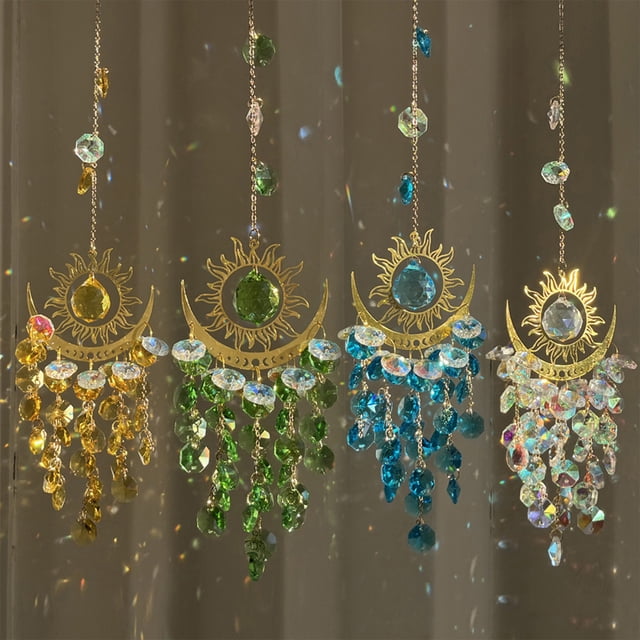 Fiudx Campanas de Viento de Cristal, Atrapasol Bohemio con Cadenas de Metal, Atrapaluz Arcoíris, Decoración para El Hogar y El Jardín, Relajación Espiritual, Transparente, Verde, Azul, Morado y Amari