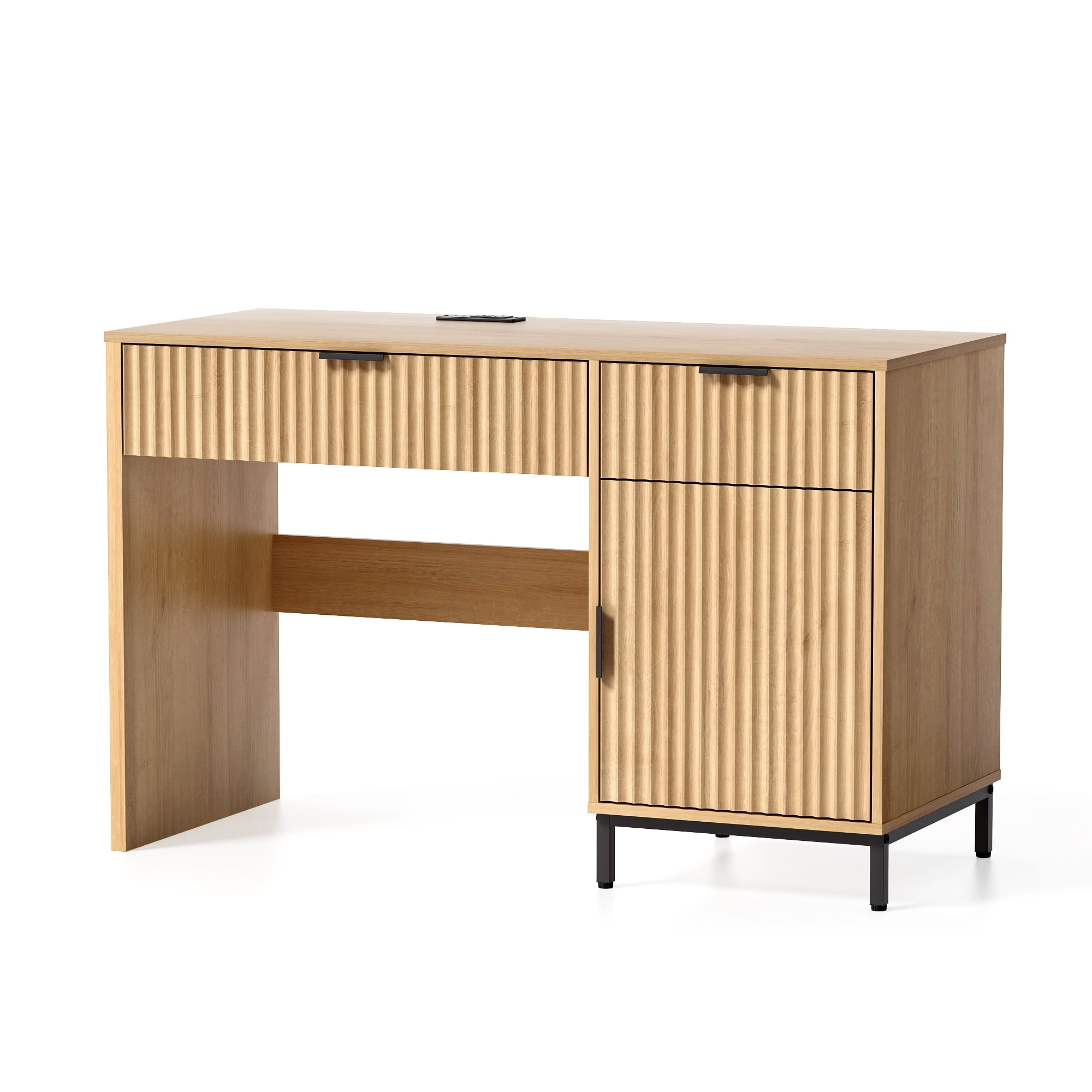 Joyyskill Executive Desk 47" Wood Home Office Desk with Charging Station, Metal Legs Modern Farmhouse Computer Desk with Fluted Drawers, Natural Oak
