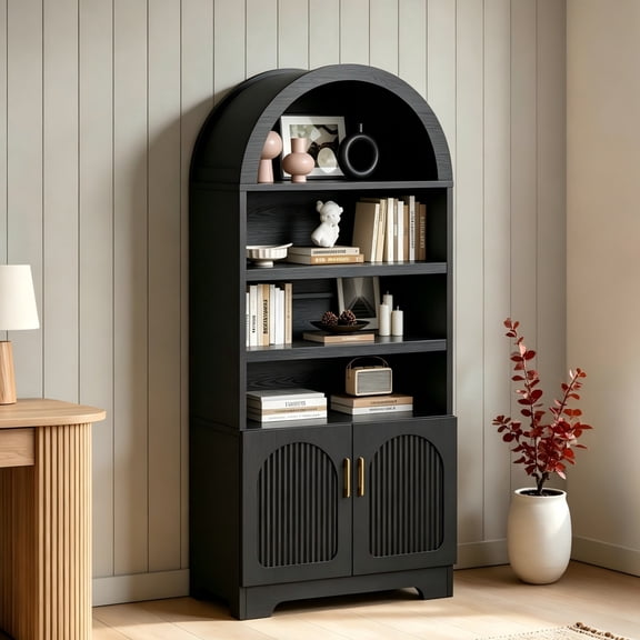Bestier 71" Arched Bookcase with Doors, 6-Tier Bookshelf with Storage, Modern Bookshelves with Cabinet, Storage Display Shelf for Living Room Home Office, Black