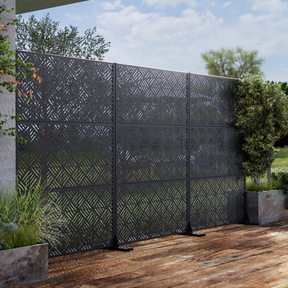MAYEERTY 72"x47" Outdoor Privacy Screen with Stand Cecil Metal Balcony Decorative Screen,Black