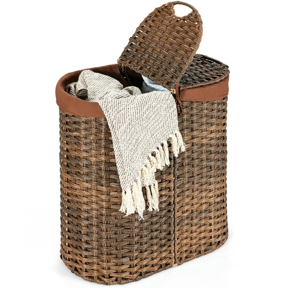 Finihen Laundry Hamper, Laundry Basket, Handwoven Laundry Hamper Basket with 2 Removable Liner Bags, for Bathroom, laundry Room, Brown Finihen Laundry Hamper, Laundry Basket, Handwoven Laundry Hamper Basket with 2 Removable Liner Bags, for Bathroom, laundry Room, Brown