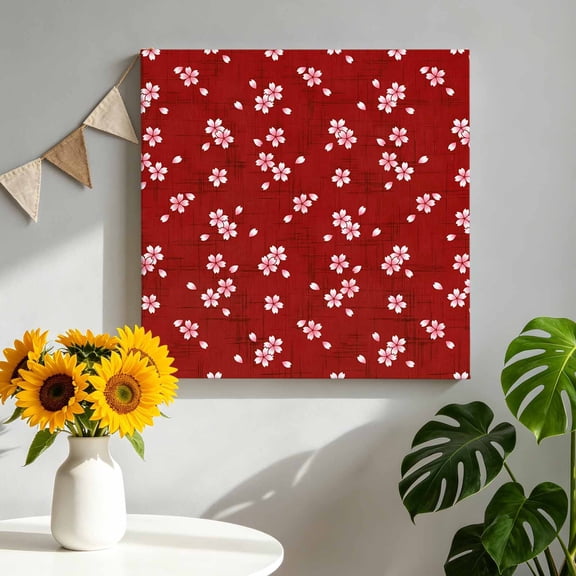 Classic Floral Canvas Wall Art for Living Room, Falling Pink Blossoms Petals Red Background Poster Print Painting for Bedroom Office Gallery Decoration Wall Pictures Prepare To Hang 12"x12"