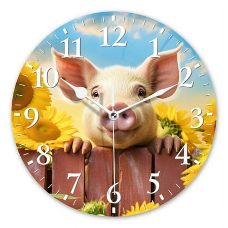 Personalized Wall Clock Non-Ticking Silent Clocks Battery Operated Round Clocks Decorative for Bathroom,Office-Cute Pig Peeking Over The Fence With Sunflowers(10inch)