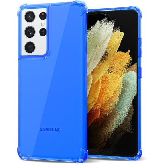 for Samsung Galaxy S21 Ultra Phone Case Clear, Transparent Thin Slim Flexible TPU Cute Cover Aesthetic Design, Soft Silicone for Women Girl, Non-Yellowing Protective Bumper, Neon Blue
