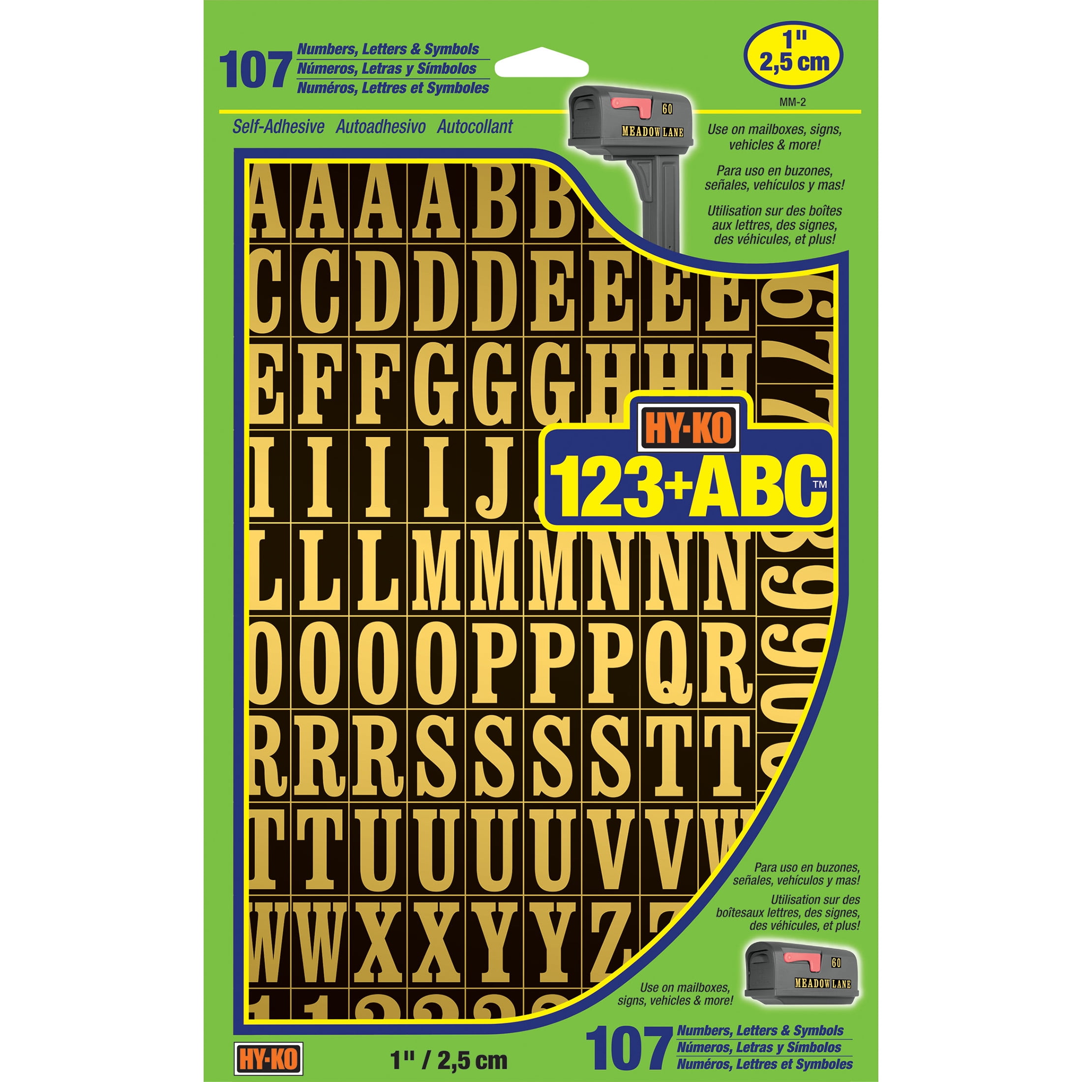 (5 pack) Hy-Ko Self-Adhesive Vinyl Numbers and Letters, 1 Inch High, Black & Gold, 107 Pieces