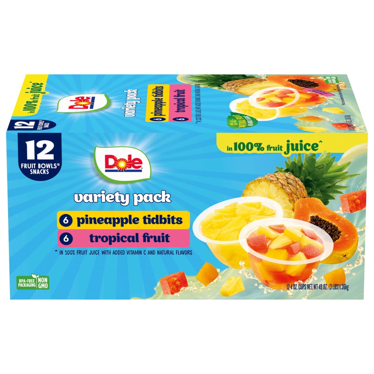 (3 pack) Dole Fruit Bowls Tropical Fruit and Pineapple Tidbits in 100% Fruit Juice, 4 oz Cups (12 Pack)