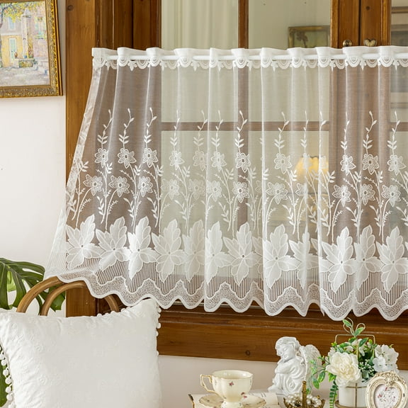 Sunyuer Romantic Floral Curtain Kitchen Short Sheer Curtain for Bathroom Window Dining Room Cafe Balcony Home Decor Rod Pocket Voile Tulle 1 Piece