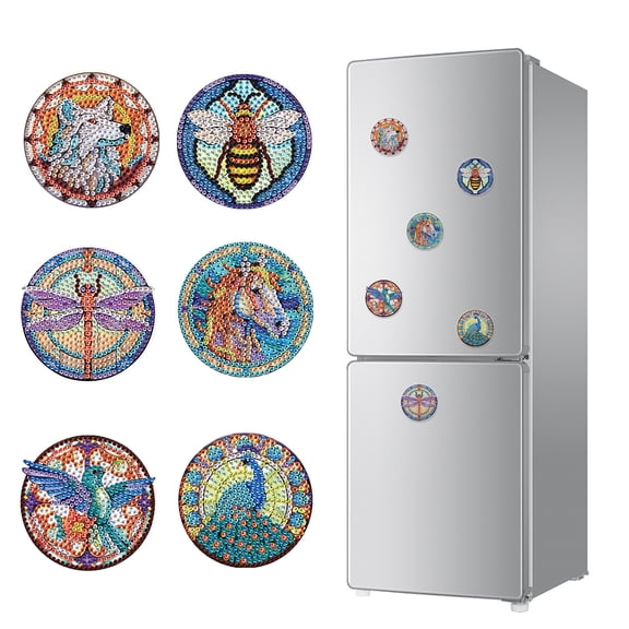 6pcs Diamond Painting Kit Fridge Magnets Horsefly & Wolf Head DIY Glitter Magnetic Stickers Creative Fridge Decor for Kitchen Accents & Holiday Gifts