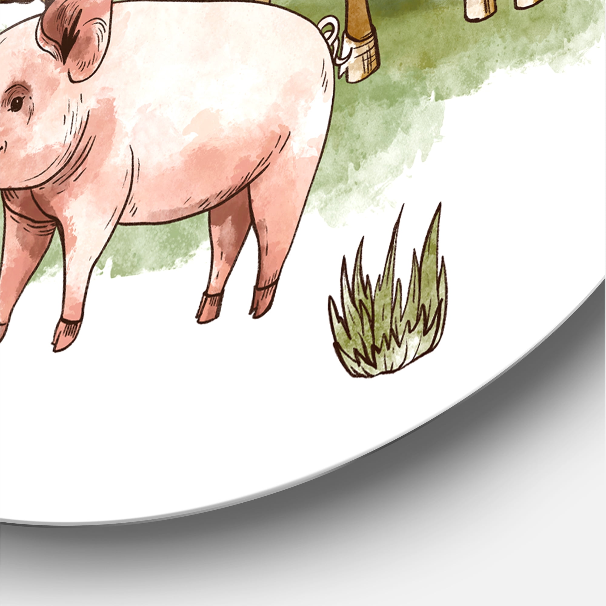 Designart 'Farm House With Goose Cow Pig Chicken and Haystack' Rustic Circle Metal Wall Art 36x36 - Disc of 36