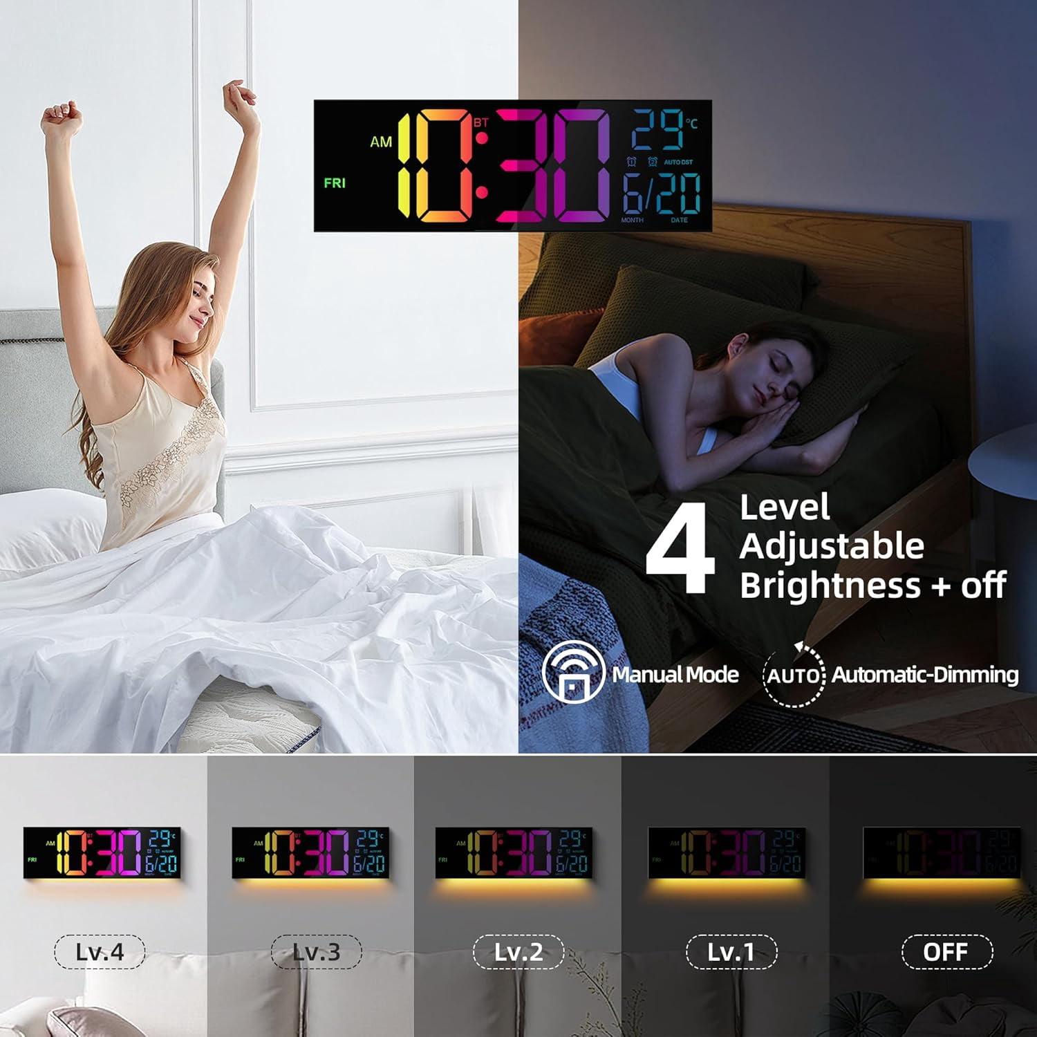16 inch Large Digital Wall Clock, 8 RGB Lights with Remote Control, Dual Alarms with Big LED Display