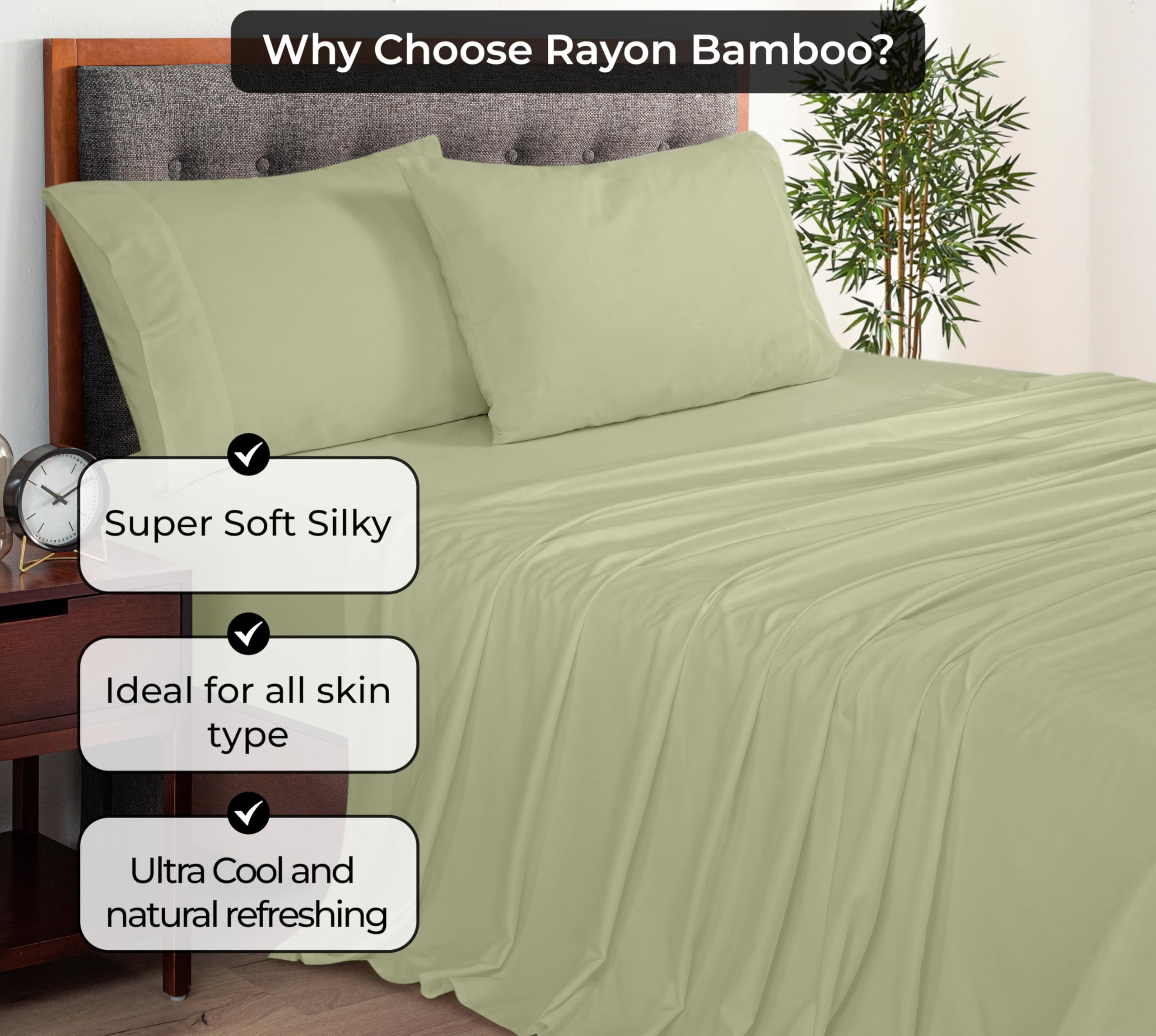 Royale Linens Bamboo Queen Flat Sheets Only - Cooling Sheets - Organic Viscose Derived from Bamboo - Queen Size Flat Sheet Only - Top Sheet - Breathable & Silky Bedding (Queen, Sage Green)