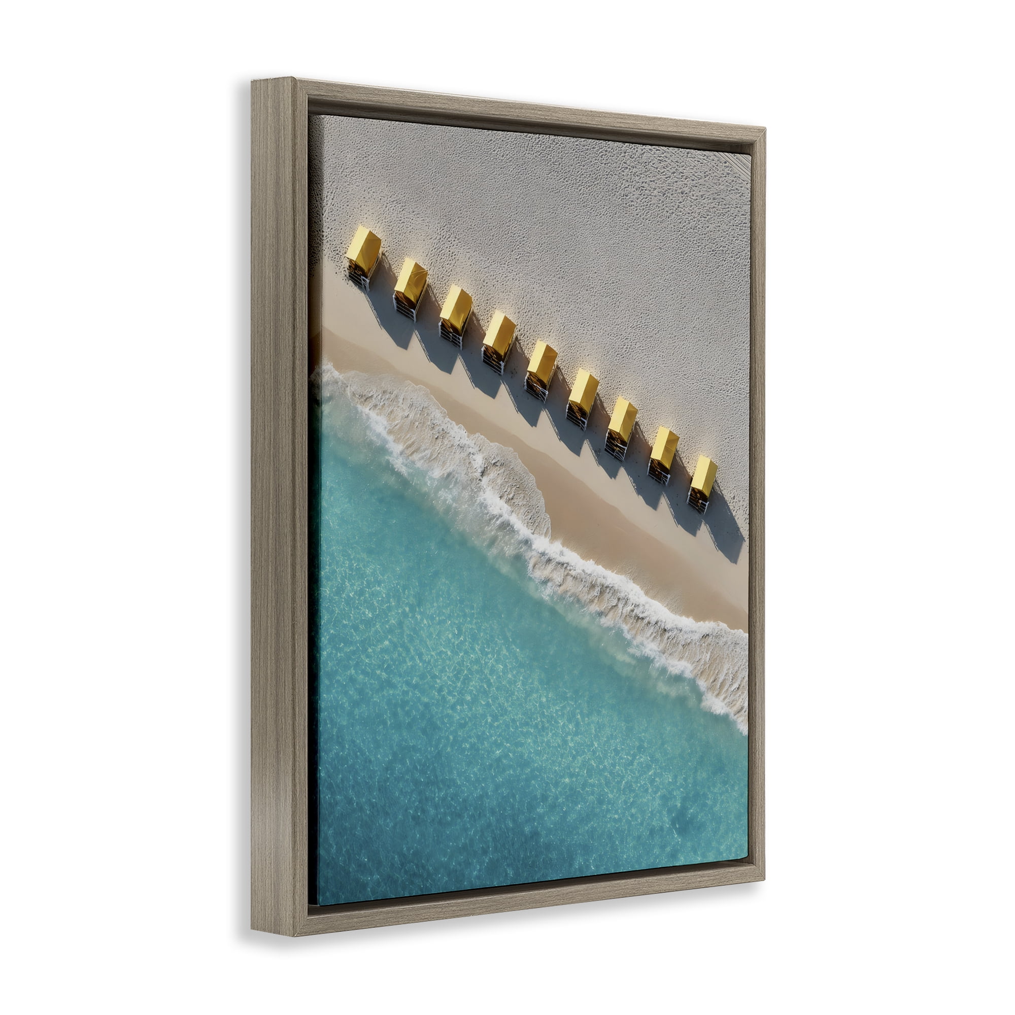 Stupell Industries Yellow Cabanas Along Shore Brown Framed Floater Canvas Wall Art, design by Franklyn Gregory