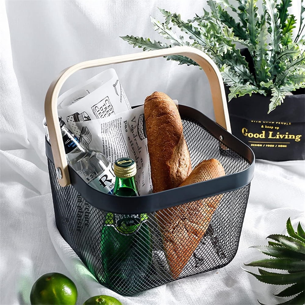 NOGIS Metal Mesh Steel Basket mesh basket with handle，Storage Organizer Basket Fruit Vegetable Basket, Solutions for Kitchen, Garden ,Picnic,Gifts and More (Black)