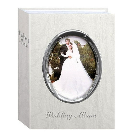 Pioneer Photo Albums Wedding Ivory Moire Fabric Cover Photo Album 100 Pockets Hold 4x6 Photos, Silver Color Oval Frame & Wedding Text