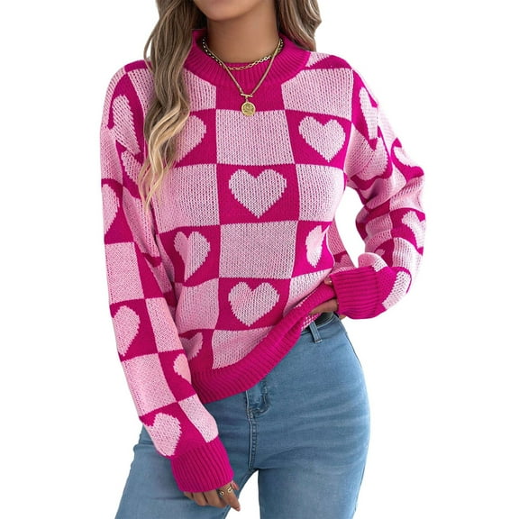 Womens Mock Neck Sweater Long Sleeve Block Cute Heart Knit Fall Winter Tops Ribbed Knit Pullover Sweaters Pink S