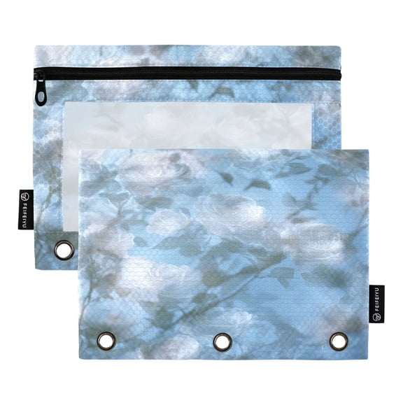 2 Pack 3 Ring Binder Pouch with Clear PVC Window Water Resistant Zipper Pencil Pouch Misty Blue Rose Print Binder Pocket for Classroom Office Home Stationery Organization