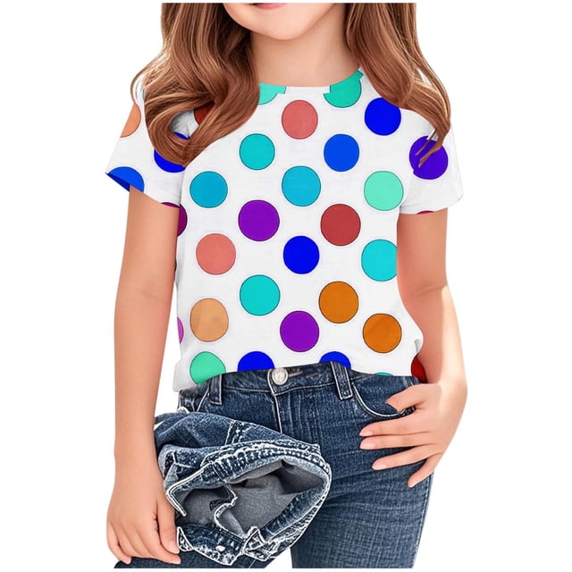 Blusas y camisas de manga corta con cuello redondo Camiseta estampada de manga corta para niños Cuello redondo Media manga Casual Versátil Top de poliéster para niñas