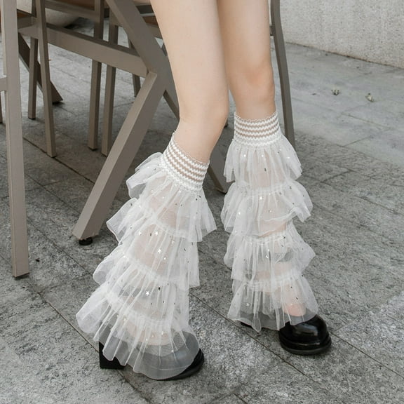 Women Flared Leg Warmers Star Sequins Layered Ruffles Knee High Socks Aesthetic Boot Cuffs for Streetwear