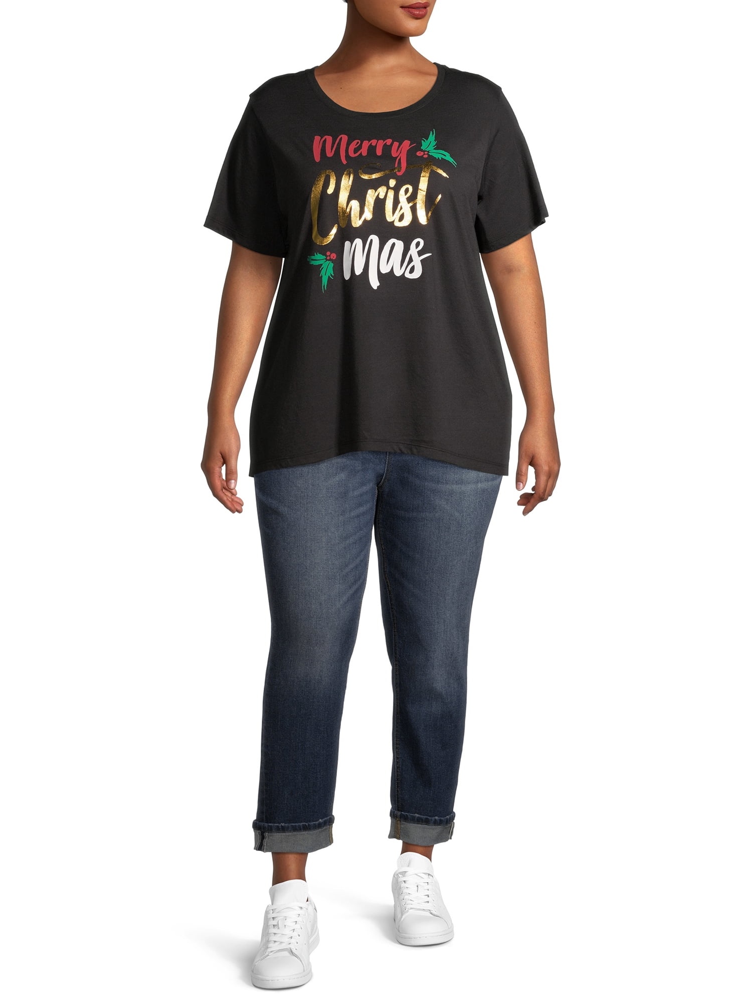 Holiday Time Women's Plus Size Festive Short Sleeve Crewneck T-Shirt