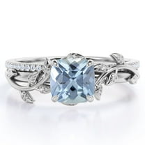 JeenMata Pave Design 1.75 Carat Cushion Cut Sky Blue Created Aquamarine and Moissanite Vine Leaf Bridal Ring Set in 18K White Gold Plating over Silver