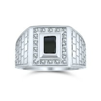 Bling Jewelry Mens Black Emerald Cut CZ Statement Ring for Men – Brick Pattern Sterling Silver Band