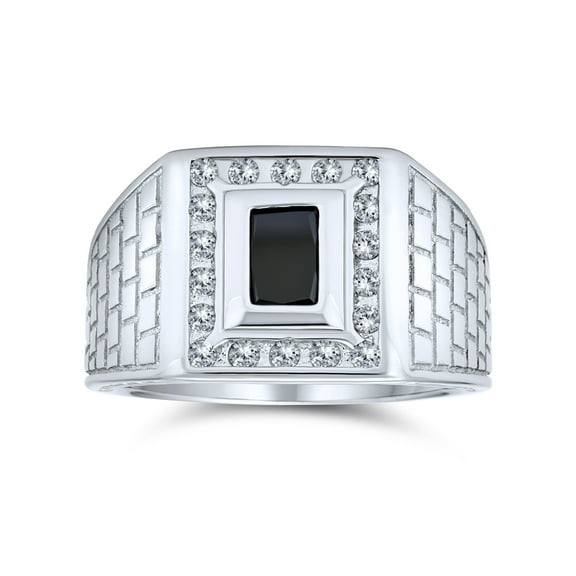 Bling Jewelry Mens Black Emerald Cut CZ Statement Ring for Men – Brick Pattern Sterling Silver Band