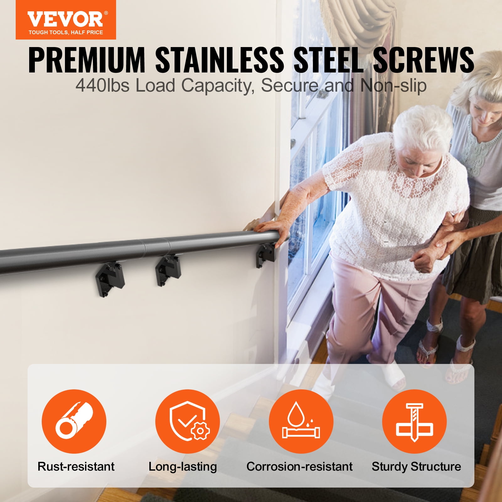 BENTISM 7 ft Wall-Mount Handrail Stair Railing Aluminum Alloy w/ Installation Kit