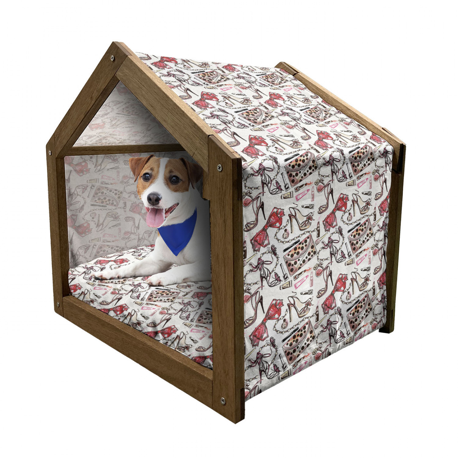 Floral Patterned Wooden Dog House with Canopy and Pillow