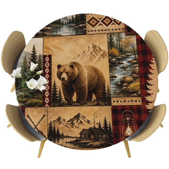 Round Table Cover 55-60 Inch Wildlife Patchwork Rustic Waterproof Reusable Table Cloth Round Fitted Vinyl Tablecloth with Elastic Edged for Parties Outdoors, Country Bears Canbin Forest