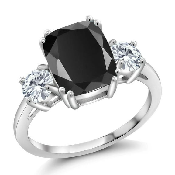 Gem Stone King 3.39 Cttw Black Onyx and White Moissanite 3-Stone Ring for Women | 925 Sterling Silver | Cushion Cut 10X8MM and Round 4.5MM | Wedding Engagement Anniversary Promise Ring| Size 8