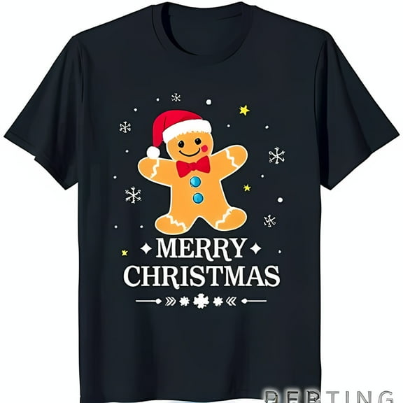 Festive Black T-Shirt with Smiling Gingerbread Man & 'Merry Christmas' Graphic