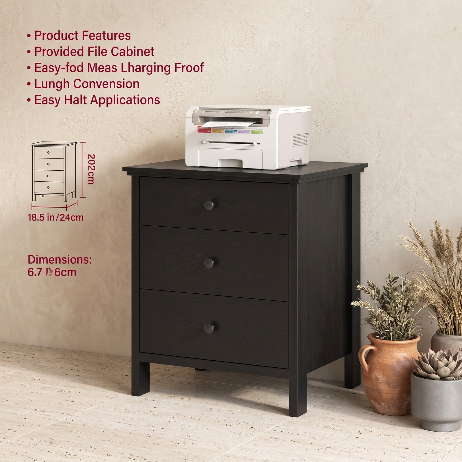 Furnibear 3-Drawer Wooden Nightstand with Wide Tabletop and Smooth Metal Slides for Bedroom Living Room and Study, Black
