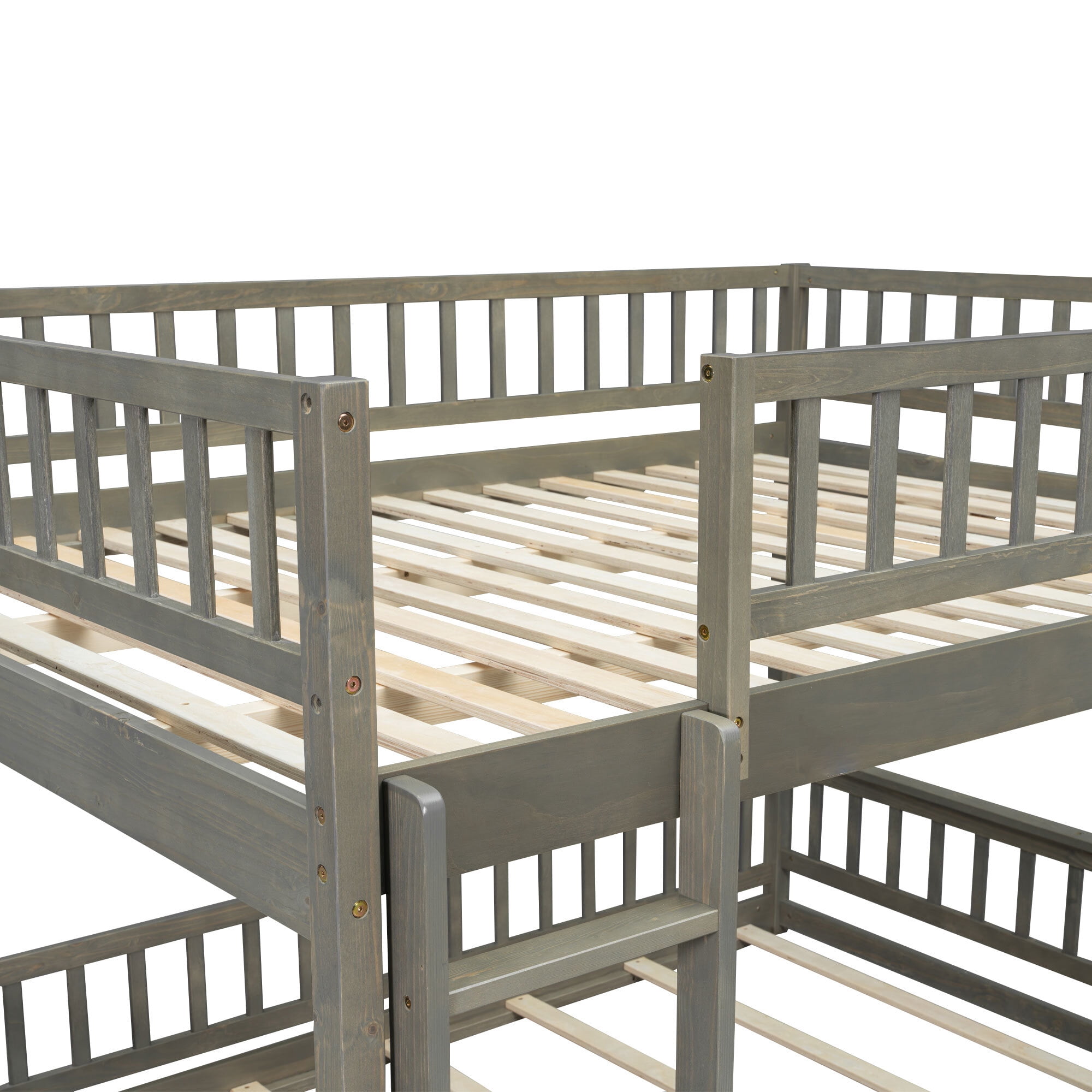Euroco Wood Queen over Queen Bunk Bed with Ladder and Guardrails, Gray