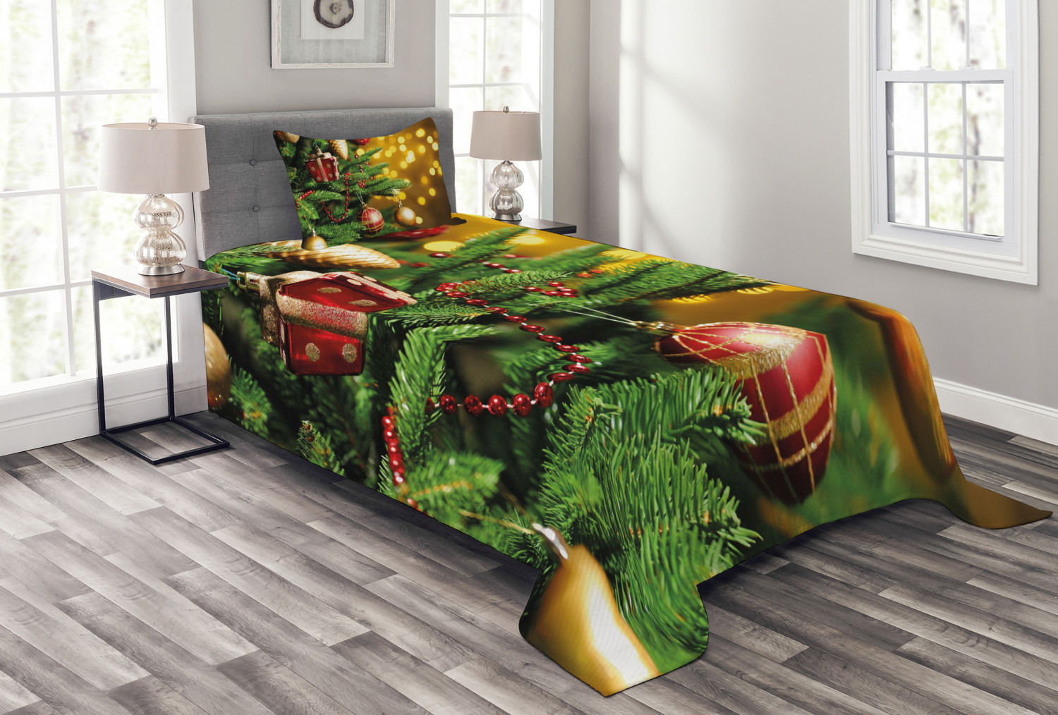 Christmas Bedspread Set Twin Size, Close Up Decorated Christmas Tree