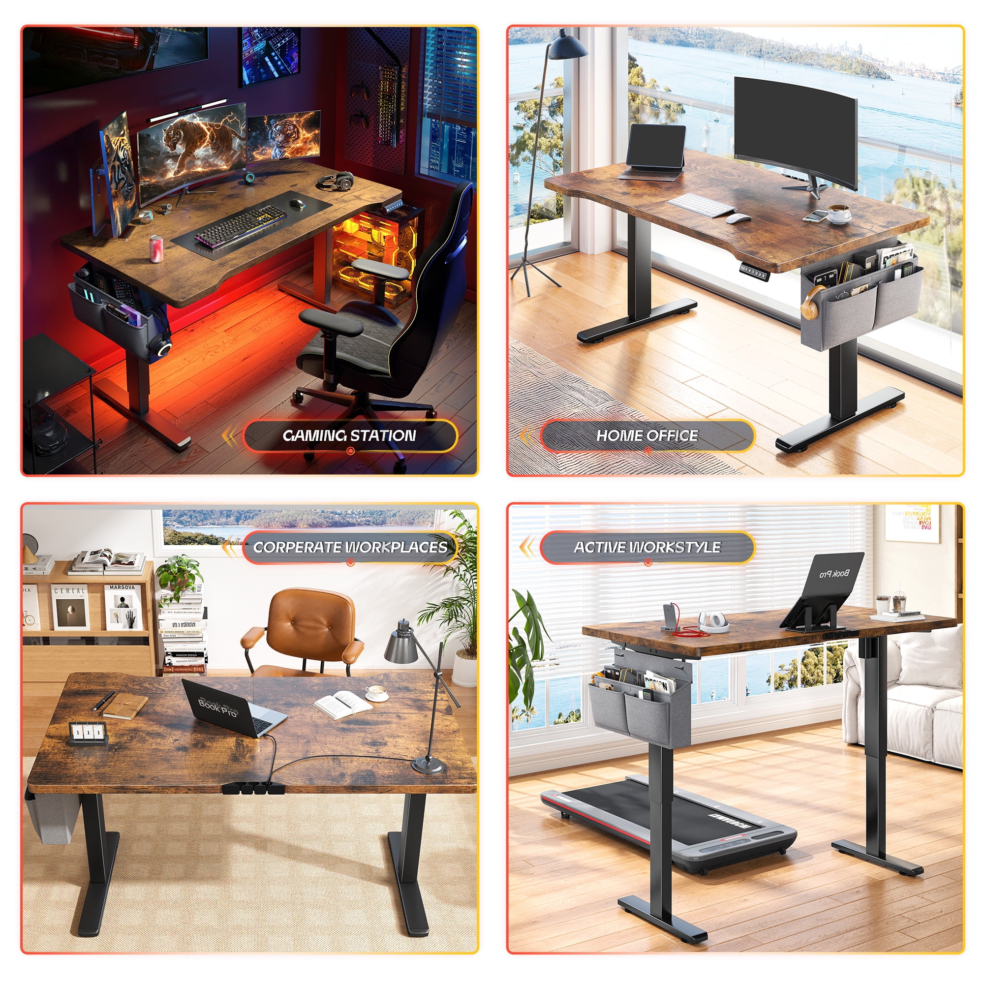 EnHomee Standing Desk Electric Adjustable Height Desks with LED, 48 x 24 Inch Computer Desk with 3 Memory Preset,Sit Stand Up Desks with Side Pocket and Cable Management,Rustic Brown