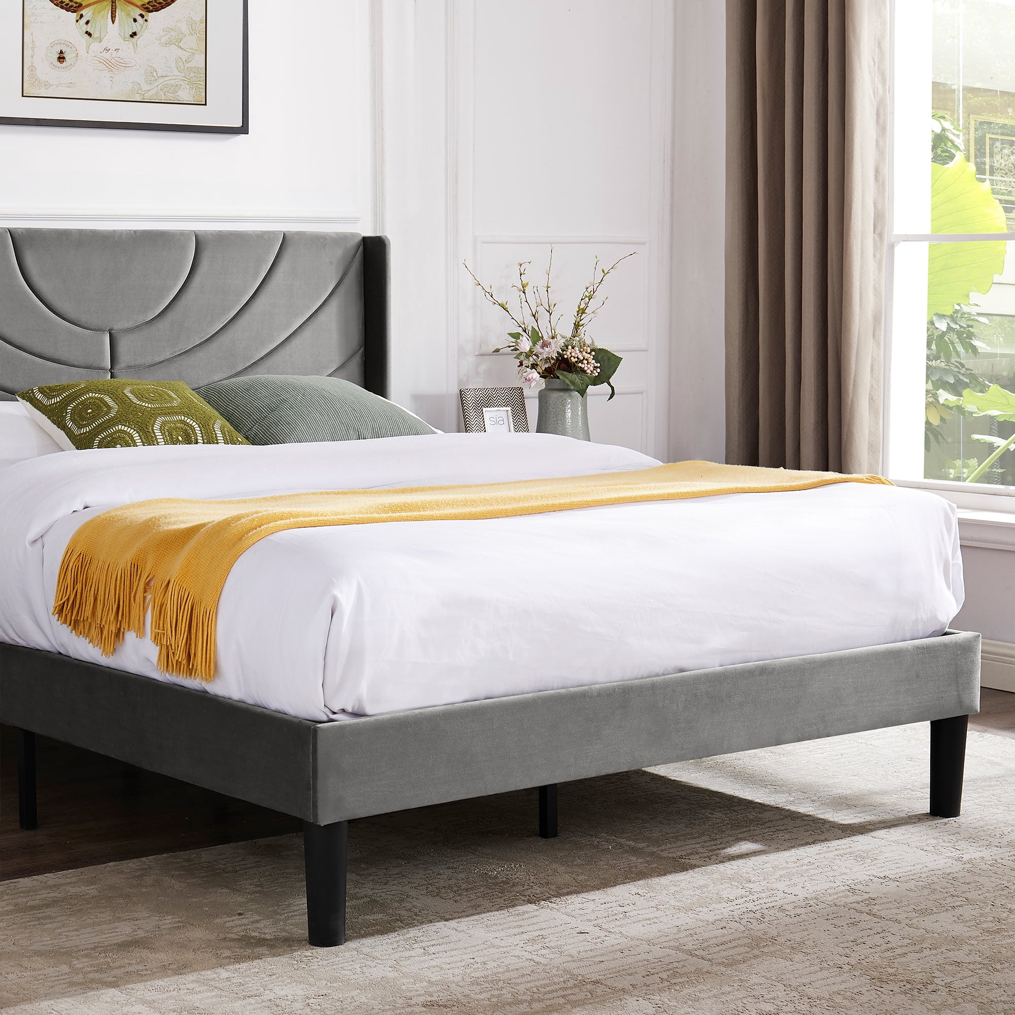 VECELO Queen Platform Bed Frame with Upholstered Headboard, Strong Wooden Slats/No Box Spring Needed, Dark Gray