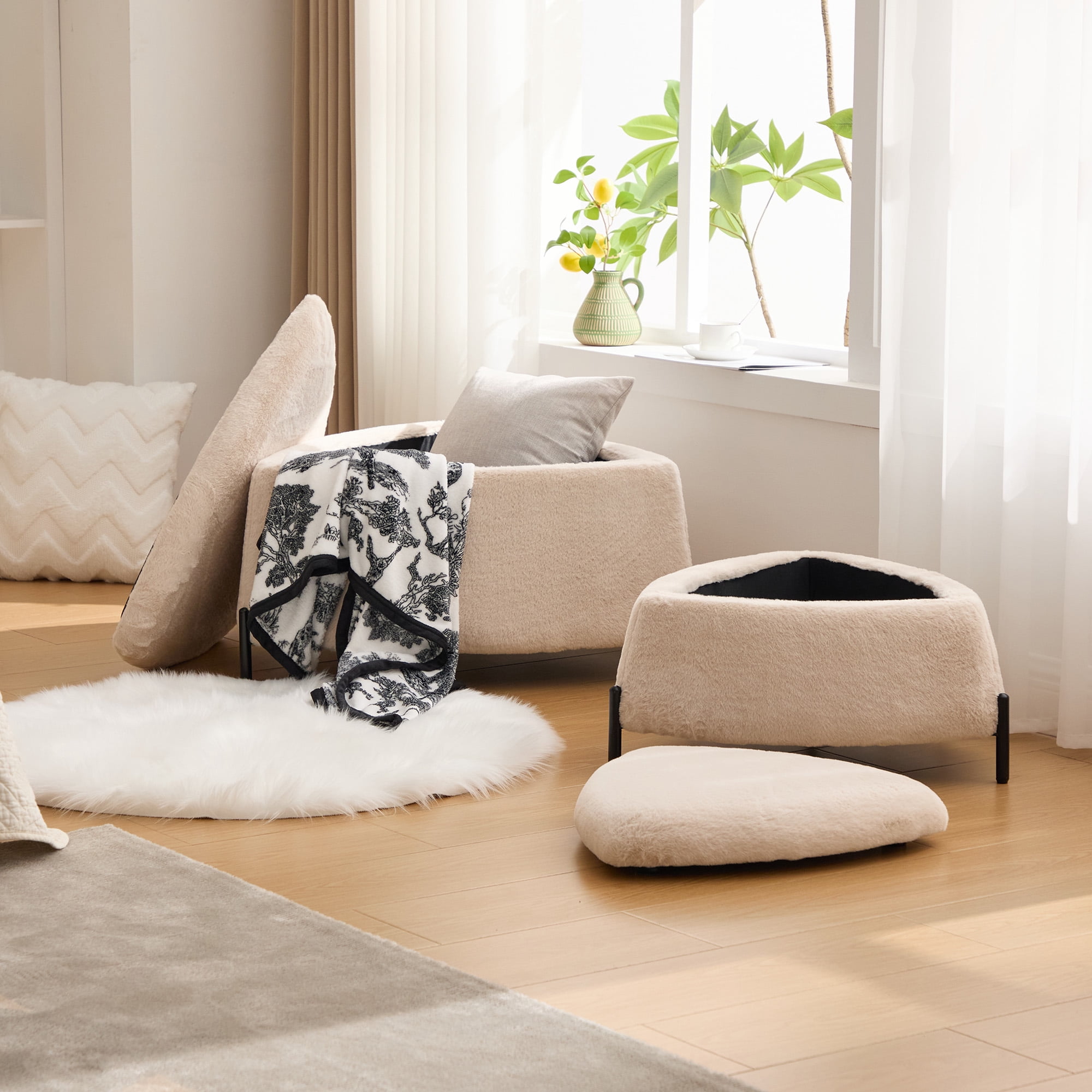 Ottoman Set, Light Camel Faux Fur 2-Piece Set with Large Ottoman Featuring Reversible Wooden Tray Lid and Small Hidden Ottoman, for Footrest, Coffee Table, Seating