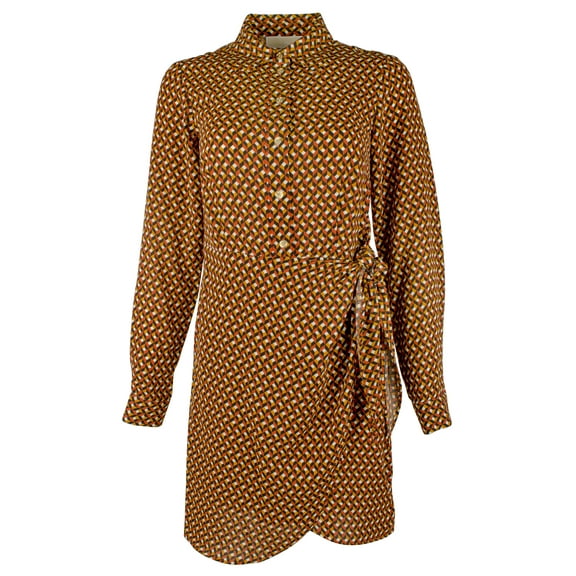 Women's Printed Button Down Collar Tie Waist Shirt Dress X-Small