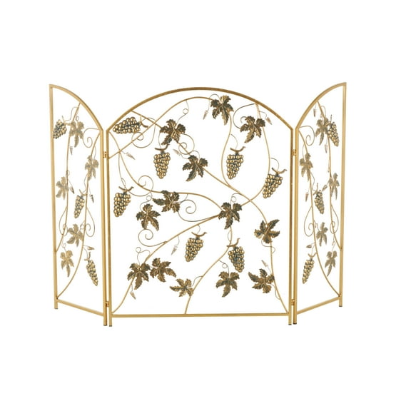 DecMode 29" x 36" Gold Metal Foldable 3 Panel Fruit Fireplace Screen with Leaf Accents, 1-Piece