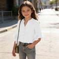thumbnail image 3 of PiGOGI Girls Ruffle 3/4 Sleeve V-Neck Button Down Top Solid Color Soft Casual Blouse for Kids White 13Years, 3 of 8